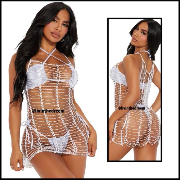 Beaded Crochet White Beach Dress Cover Up One Size $89 - Picture 1 of 11